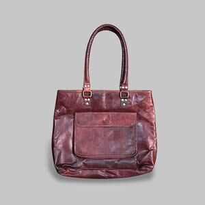Vintage Brown Leather Tote Shoulder Bag – Brass Hardware, Green Lining